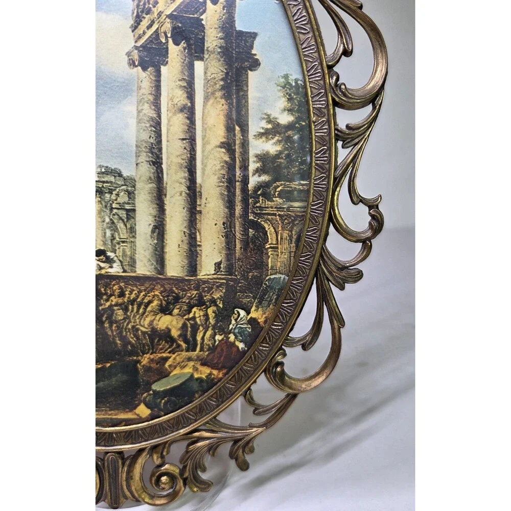 Vintage Italian Metal Oval Picture Frame Wall Hanging Brass Patina 12.5